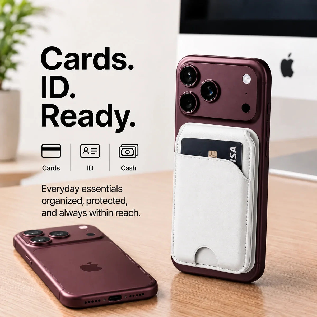 Arctic White magnetic wallet with a card attached to a Burgundy iPhone beside a second Burgundy iPhone. #color_Arctic White