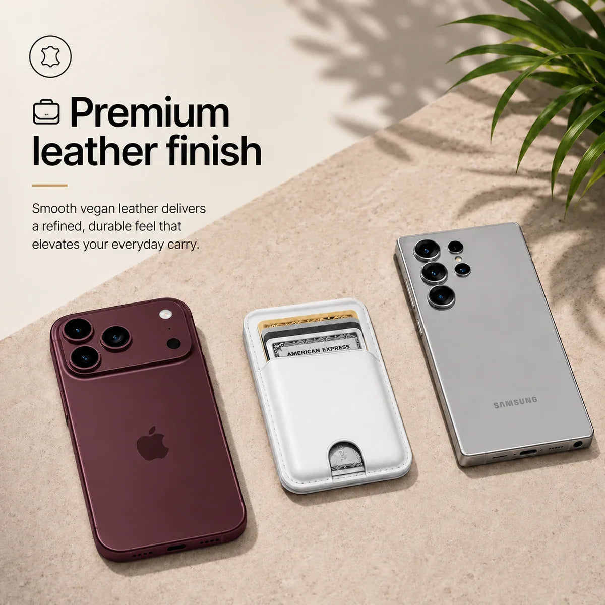 Arctic White magnetic wallet and cards between a Burgundy iPhone and a silver Samsung phone. #color_Arctic White