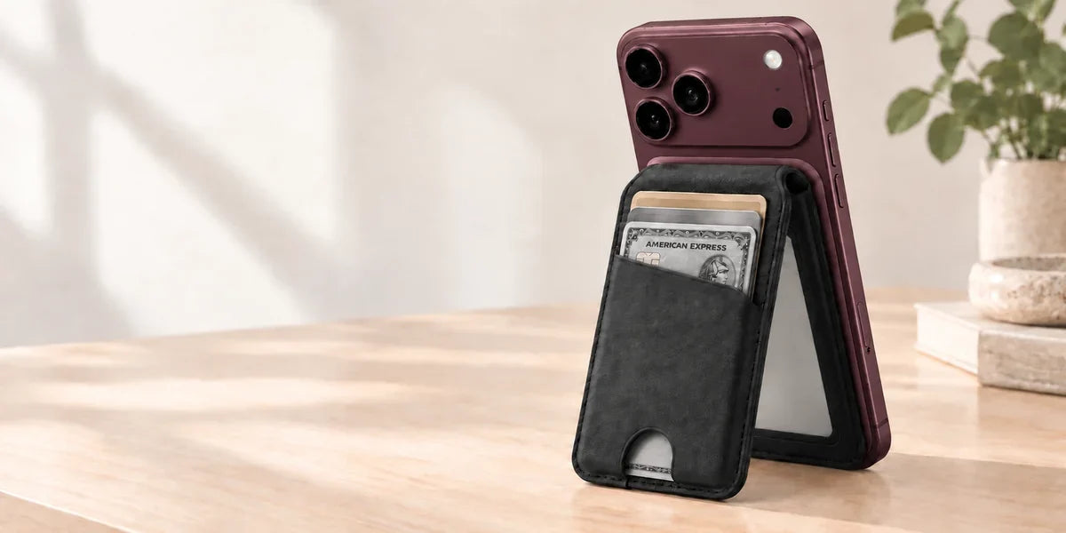 Black folding magnetic wallet holding premium silver cards and supporting a silver phone.