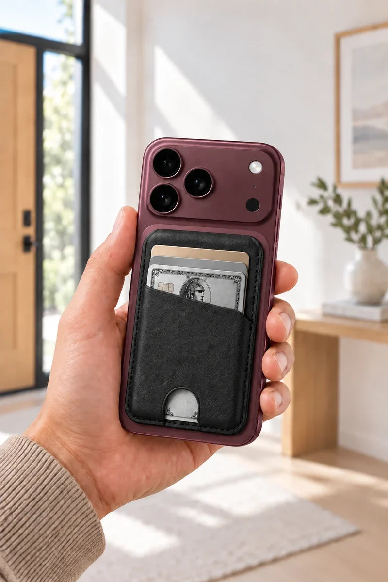 A black folding card wallet attached to the back of a silver phone held in one hand.