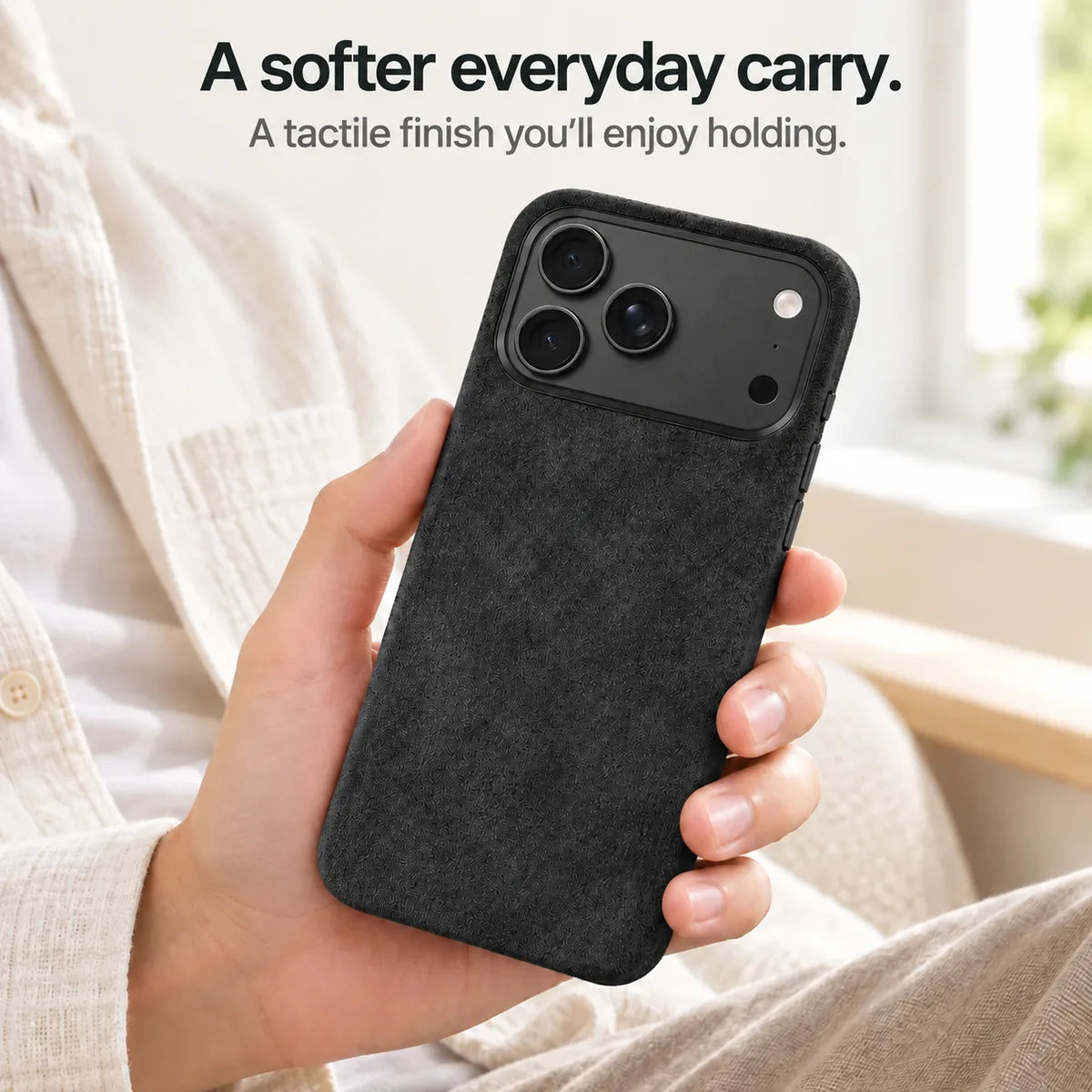 Black fabric phone case held in one hand, showing its textured back. #color_Midnight Black