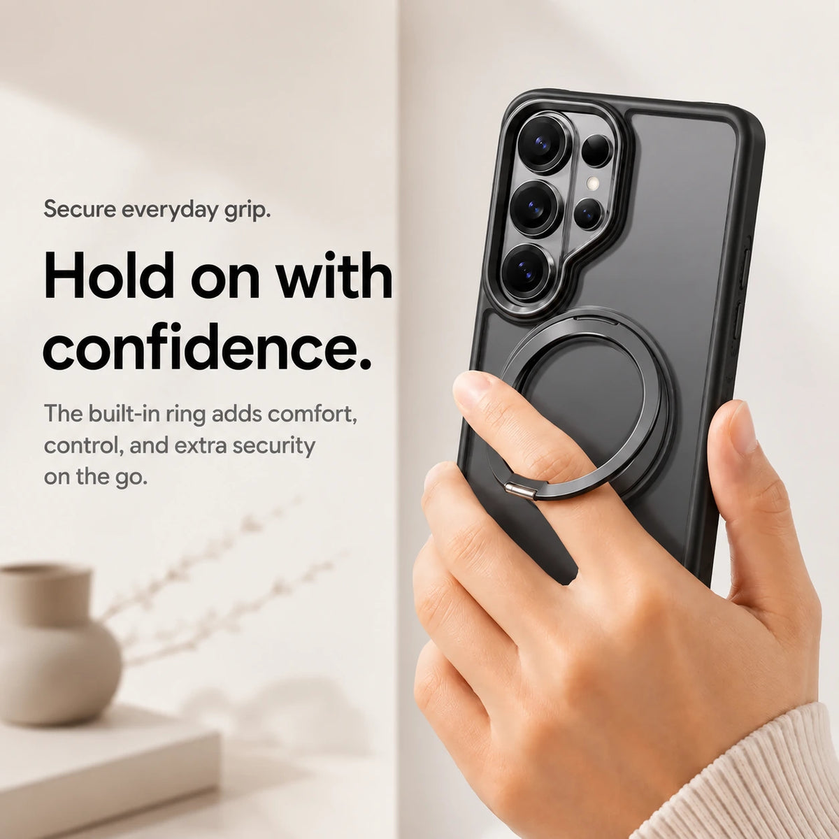 Black ring stand phone case held securely through its circular ring #color_Midnight Black