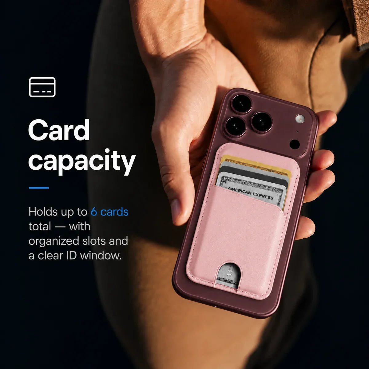 Blush Pink magnetic wallet attached to a Burgundy iPhone held in a hand. #color_Blush Pink
