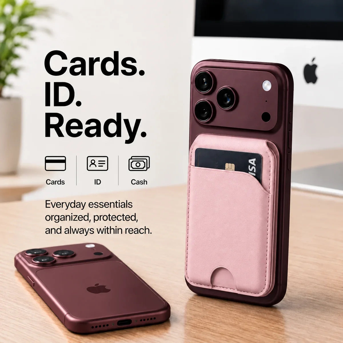 Blush Pink magnetic wallet with a card attached to a Burgundy iPhone beside a second Burgundy iPhone. #color_Blush Pink