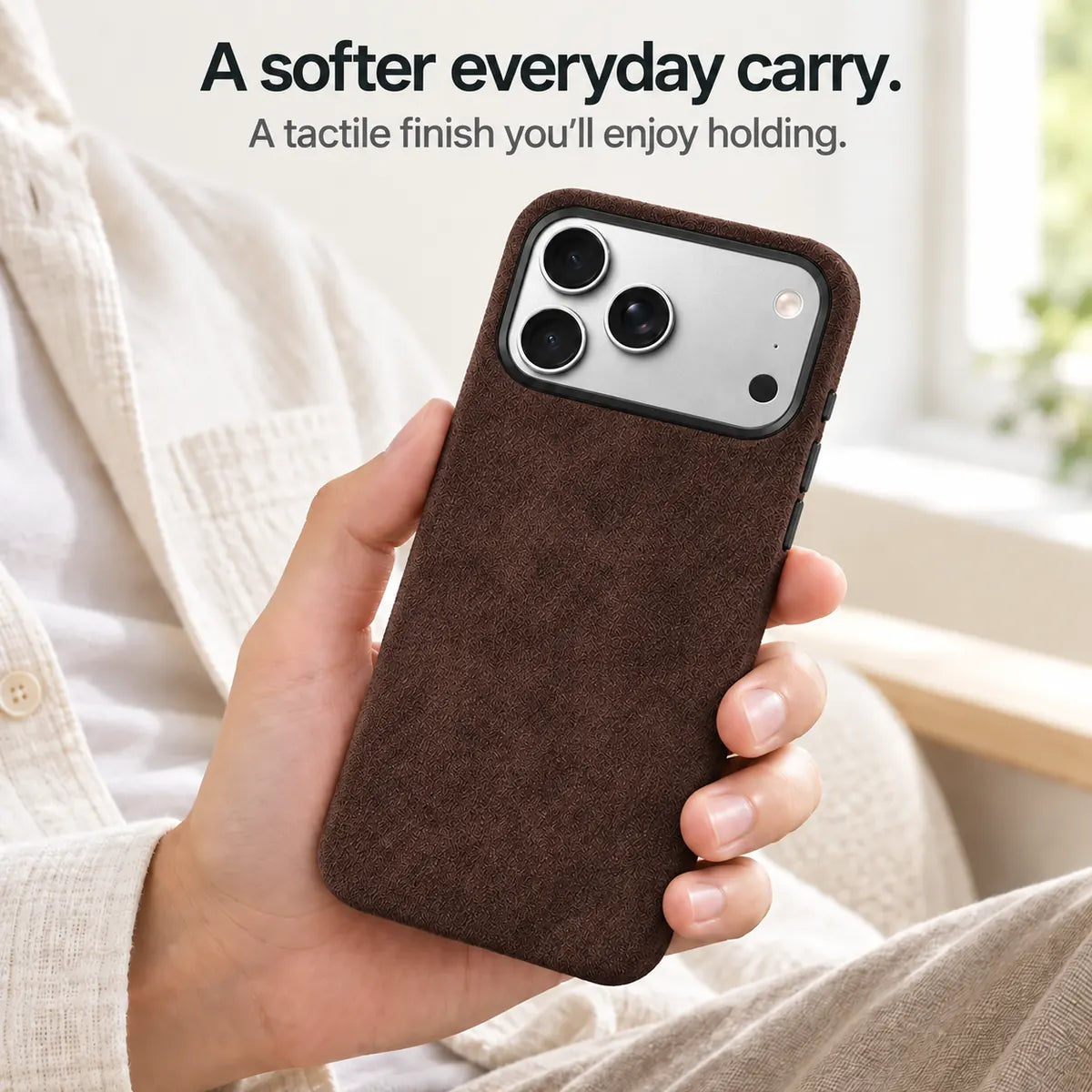 Brown fabric phone case held in one hand, showing its textured back. #color_Espresso Brown