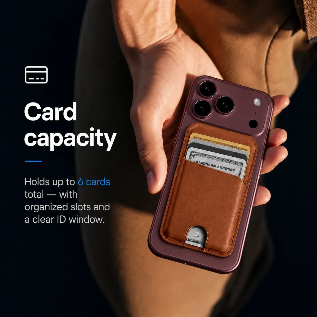 Chestnut Brown magnetic wallet attached to a Burgundy iPhone held in a hand. #color_Chestnut Brown