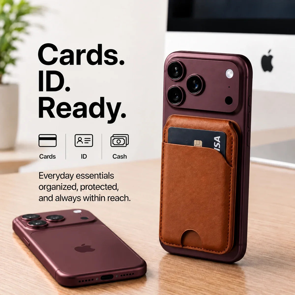 Chestnut Brown magnetic wallet with a card attached to a Burgundy iPhone beside a second Burgundy iPhone. #color_Chestnut Brown