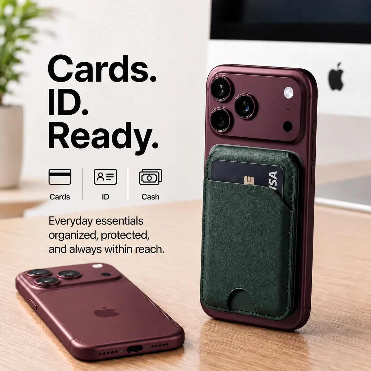 Emerald Green magnetic wallet with a card attached to a Burgundy iPhone beside a second Burgundy iPhone. #color_Emerald Green