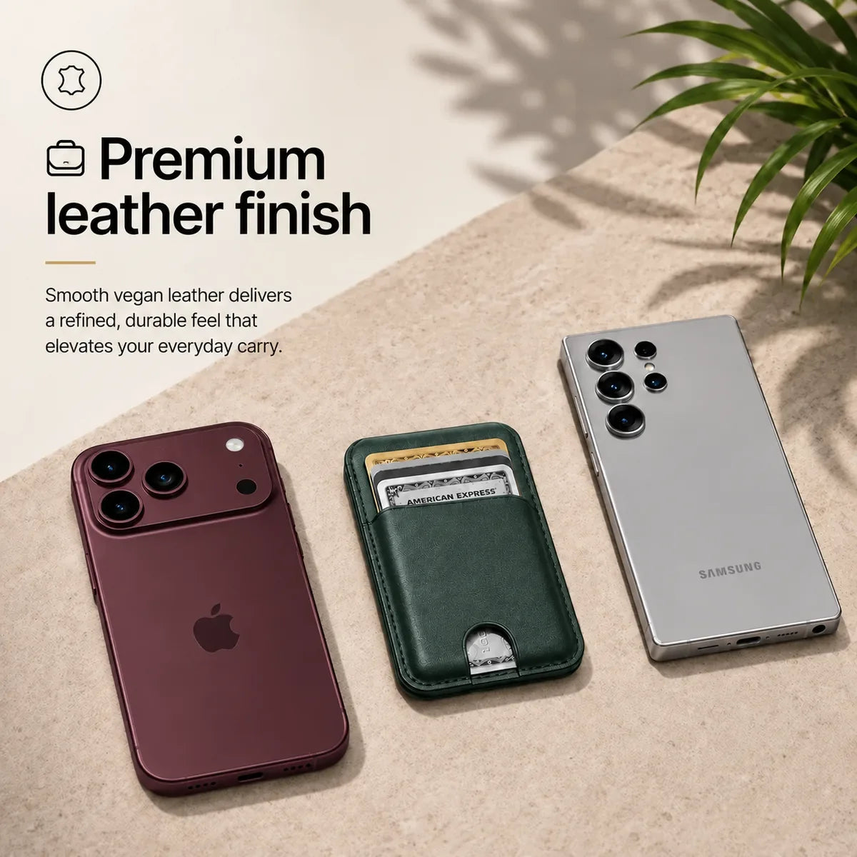 Emerald Green magnetic wallet and cards between a Burgundy iPhone and a silver Samsung phone. #color_Emerald Green