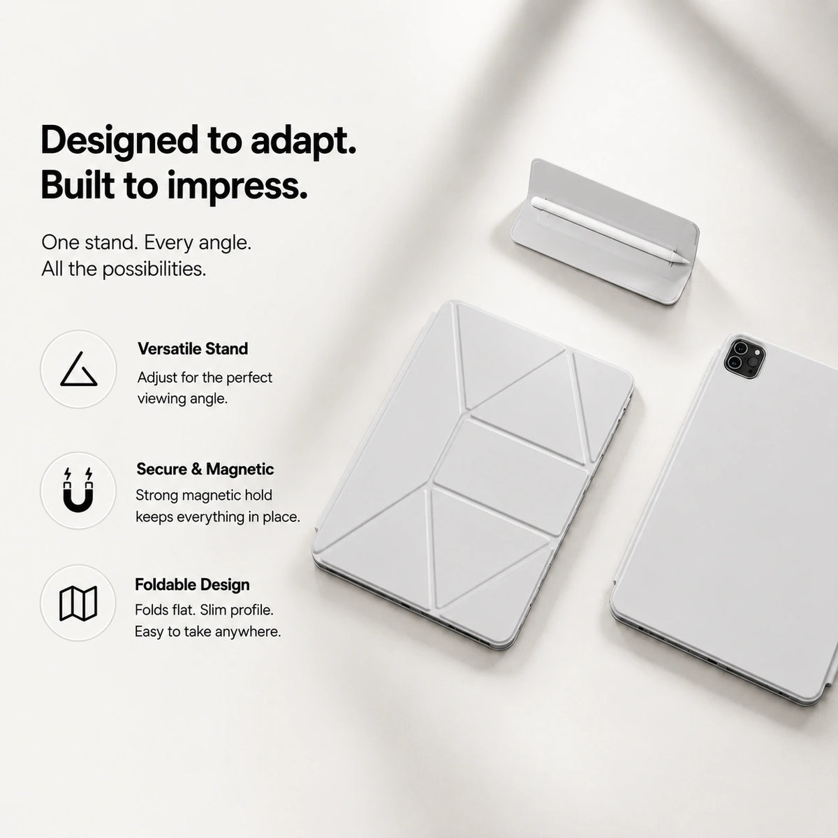 Frost Gray folding magnetic tablet stand folded flat with its components #color_Frost Gray