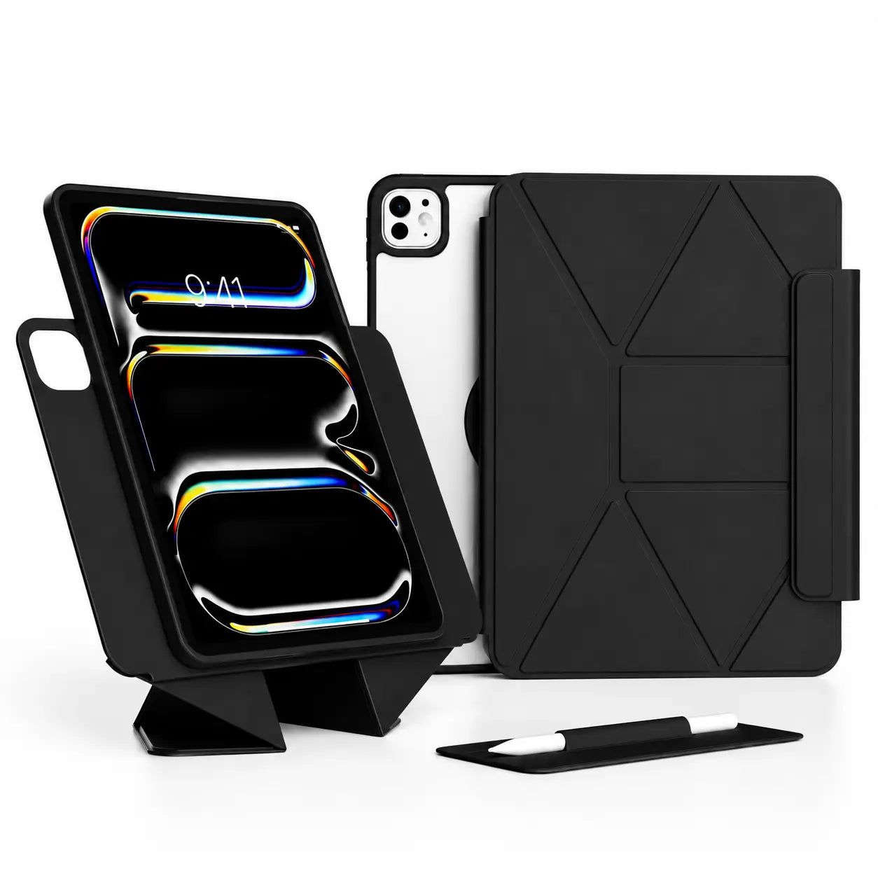 Midnight Black folding magnetic tablet stand with a protective tablet case #color_Midnight Black