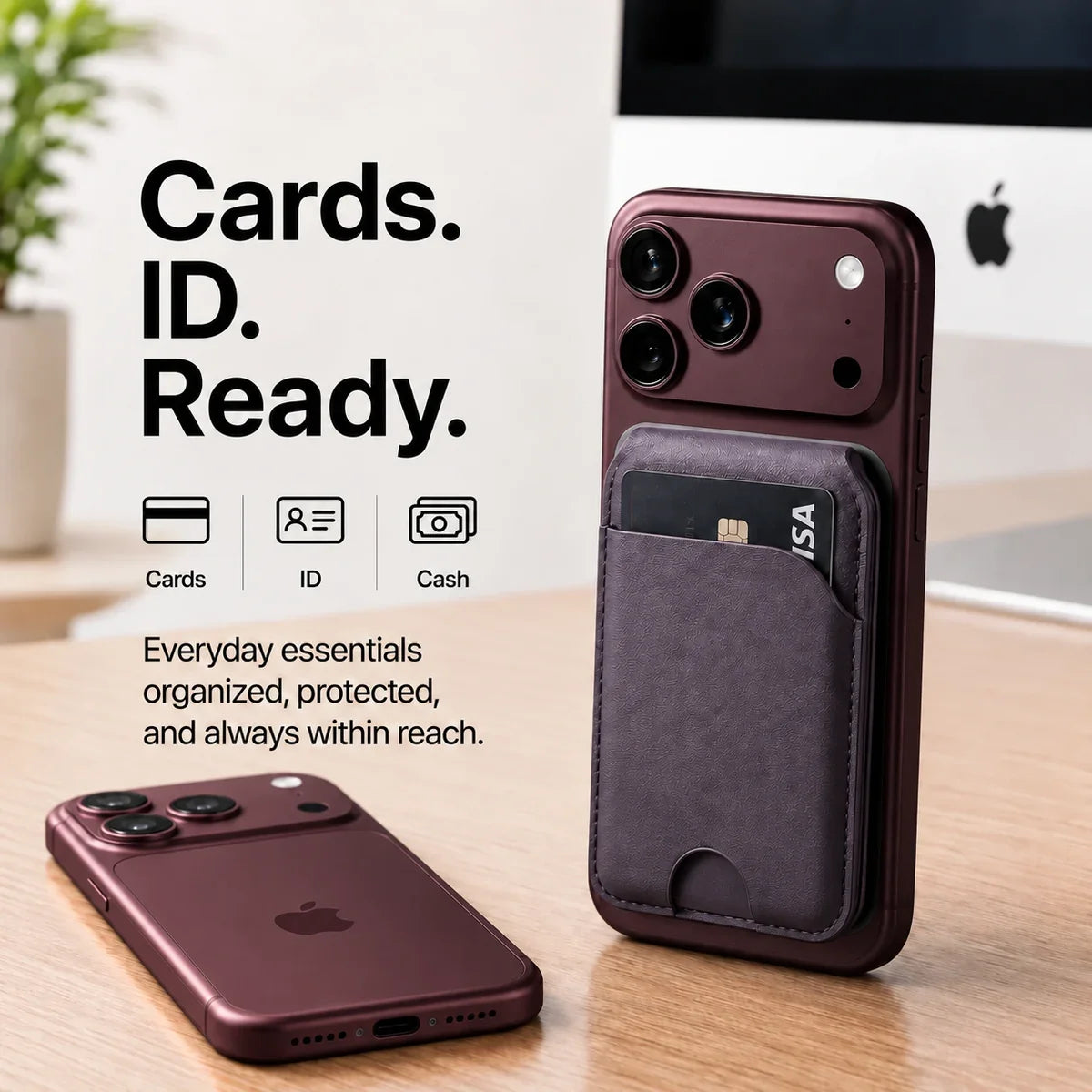 Lavender magnetic wallet with a card attached to a Burgundy iPhone beside a second Burgundy iPhone. #color_Lavender