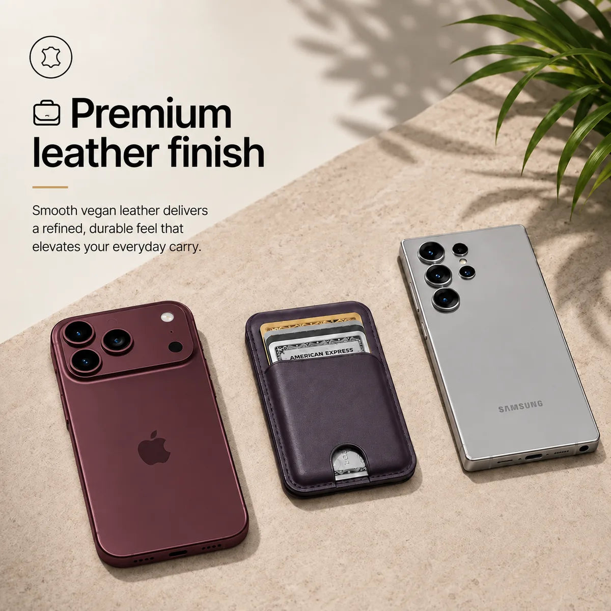Lavender magnetic wallet and cards between a Burgundy iPhone and a silver Samsung phone. #color_Lavender