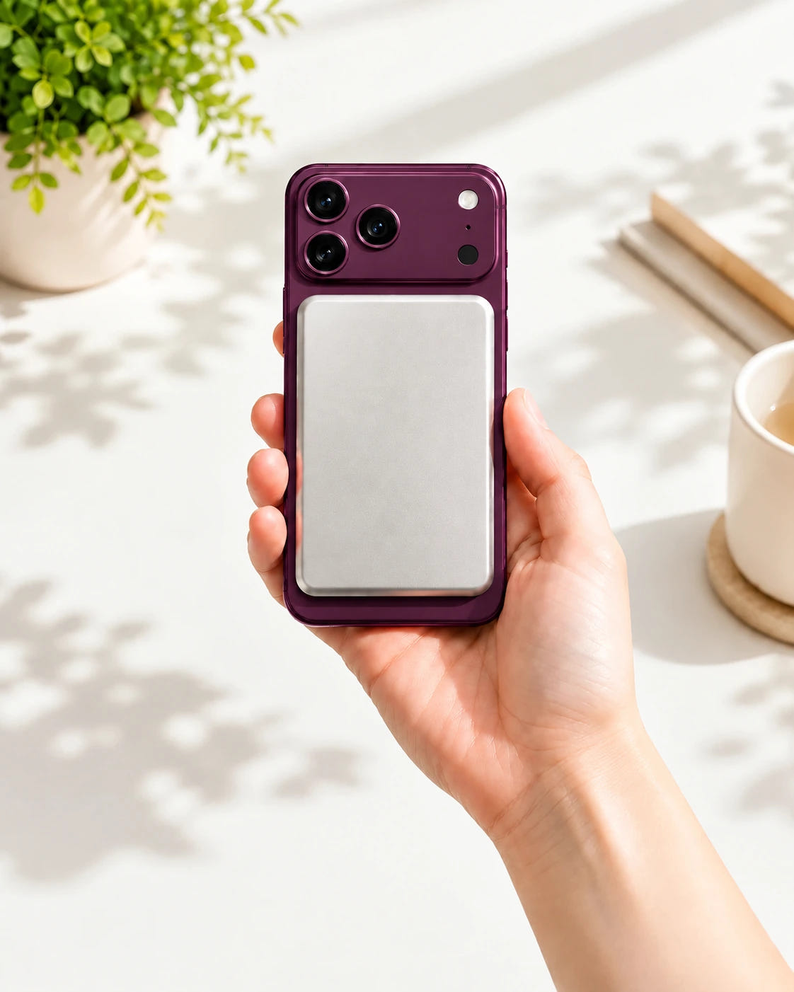 MagCase Metal in matching Burgundy with a silver magnetic power bank