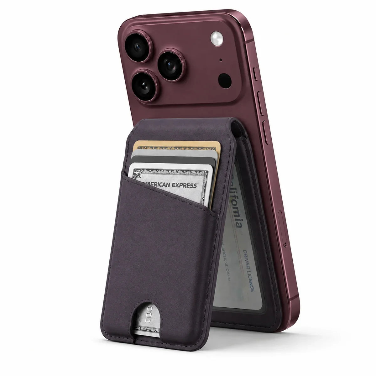 Lavender folding magnetic wallet supporting a Burgundy iPhone as a stand. #color_Lavender
