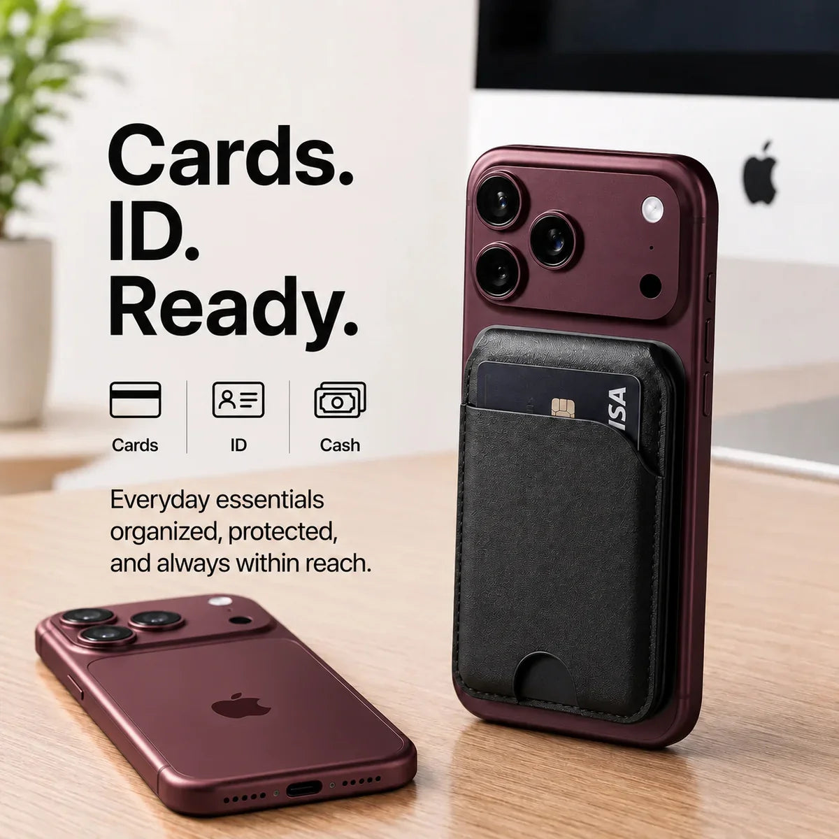 Midnight Black magnetic wallet with a card attached to a Burgundy iPhone beside a second Burgundy iPhone. #color_Midnight Black