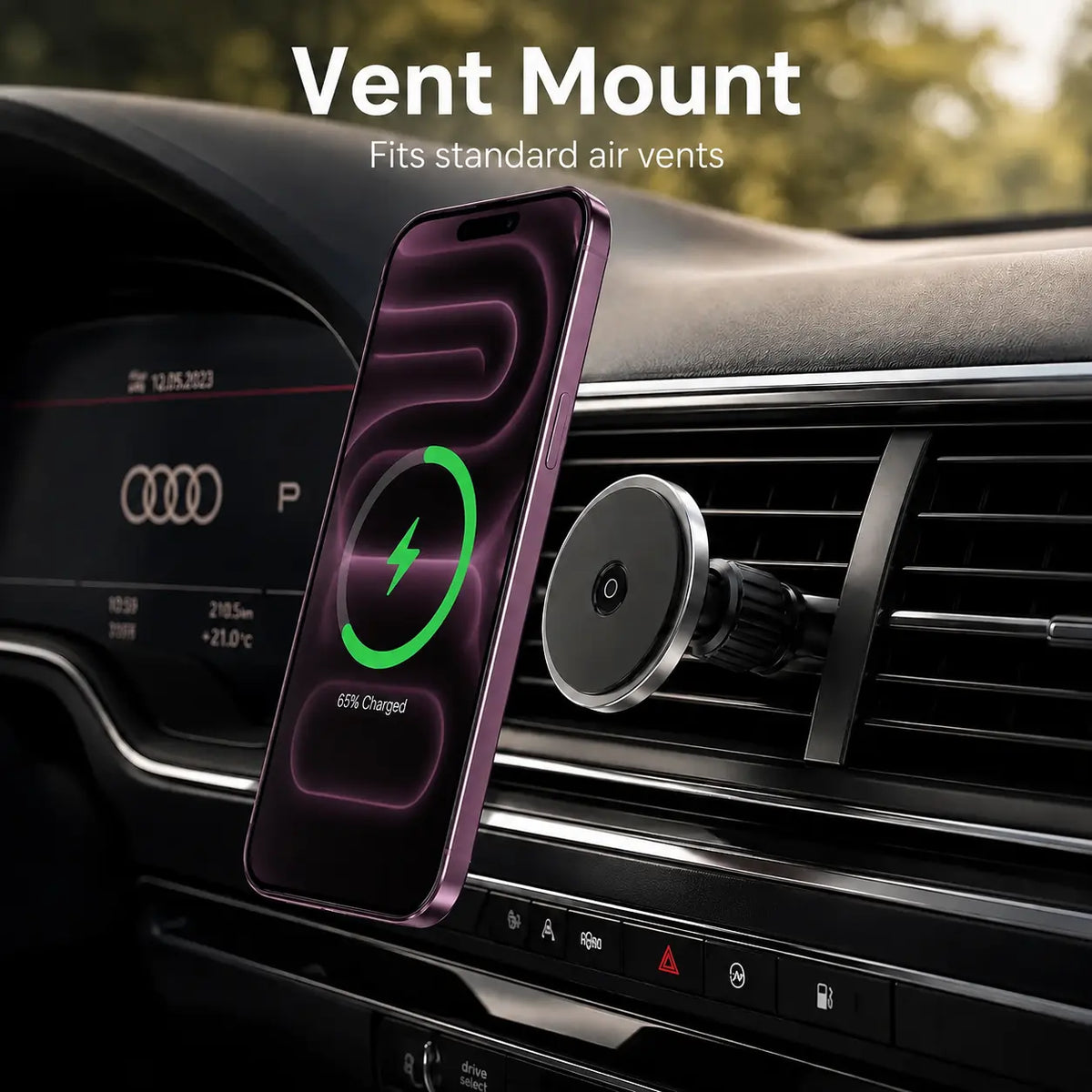 Titanium Silver magnetic car charger on a standard air vent #color_Titanium Silver