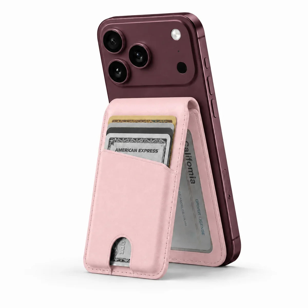 Blush Pink folding magnetic wallet supporting a Burgundy iPhone as a stand. #color_Blush Pink