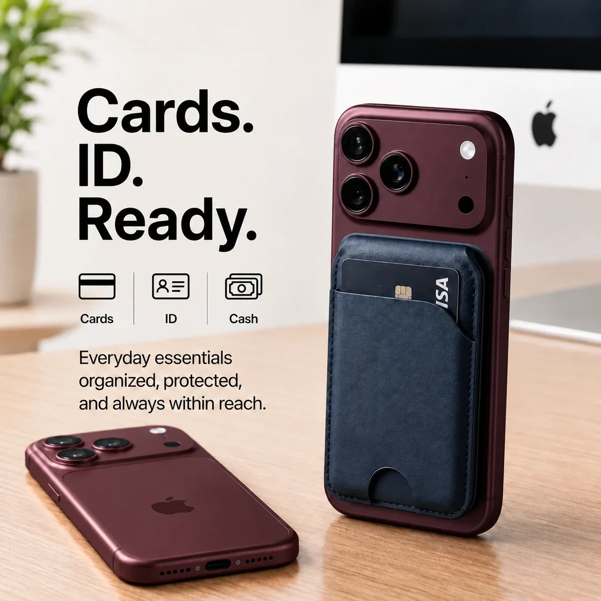 Navy Blue magnetic wallet with a card attached to a Burgundy iPhone beside a second Burgundy iPhone. #color_Navy Blue