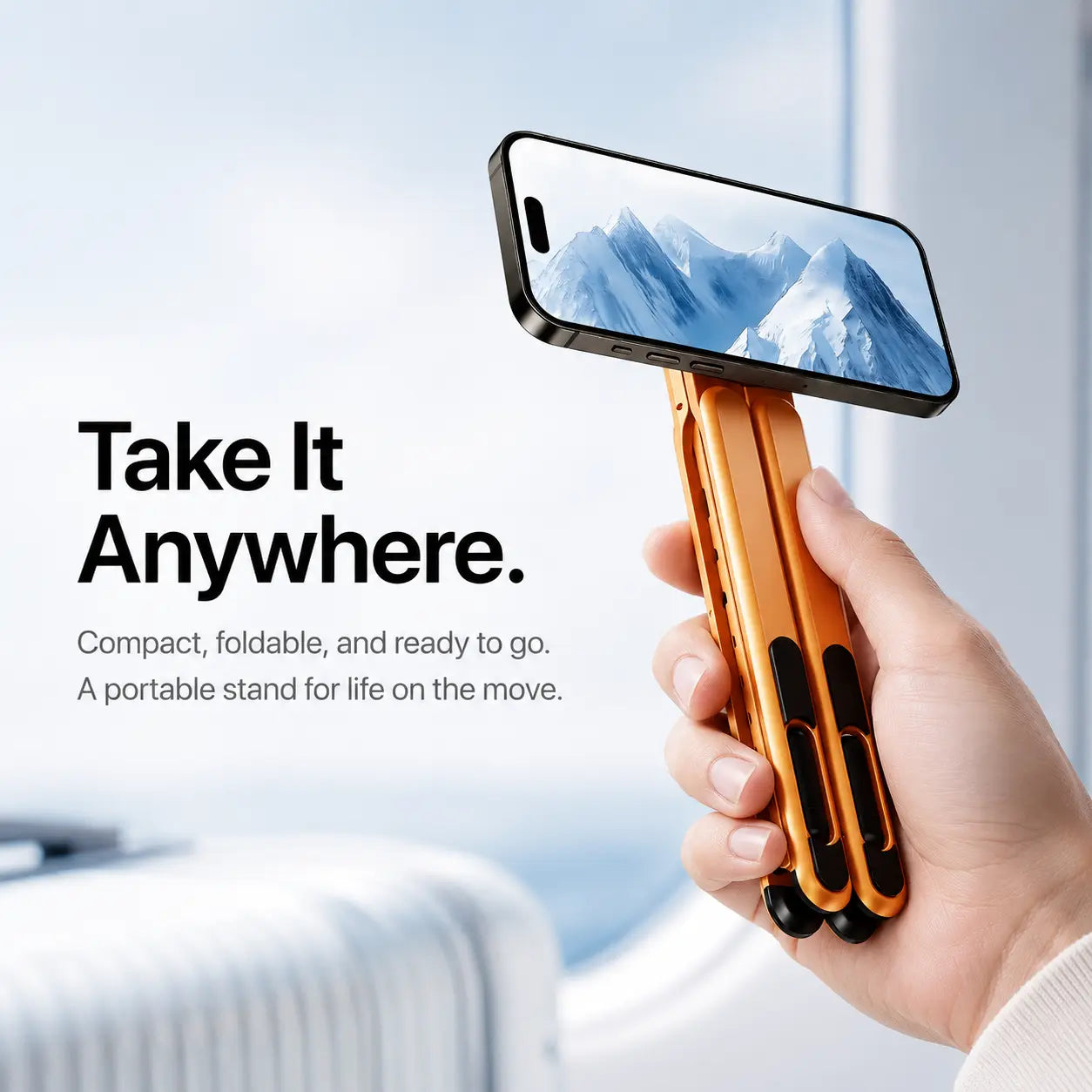 Foldable MagSafe phone stand designed for travel, cafés and remote work