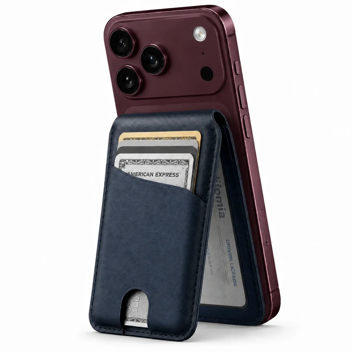 Navy Blue folding magnetic wallet supporting a Burgundy iPhone as a stand. #color_Navy Blue