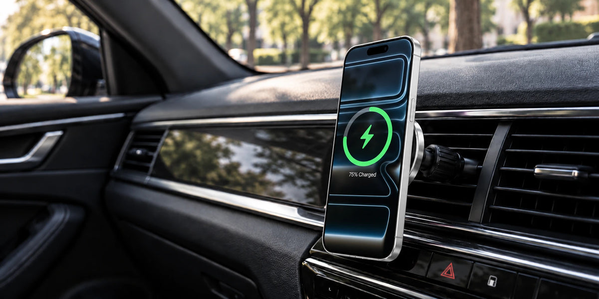Phone attached to a silver-rimmed wireless charger on a car air vent.