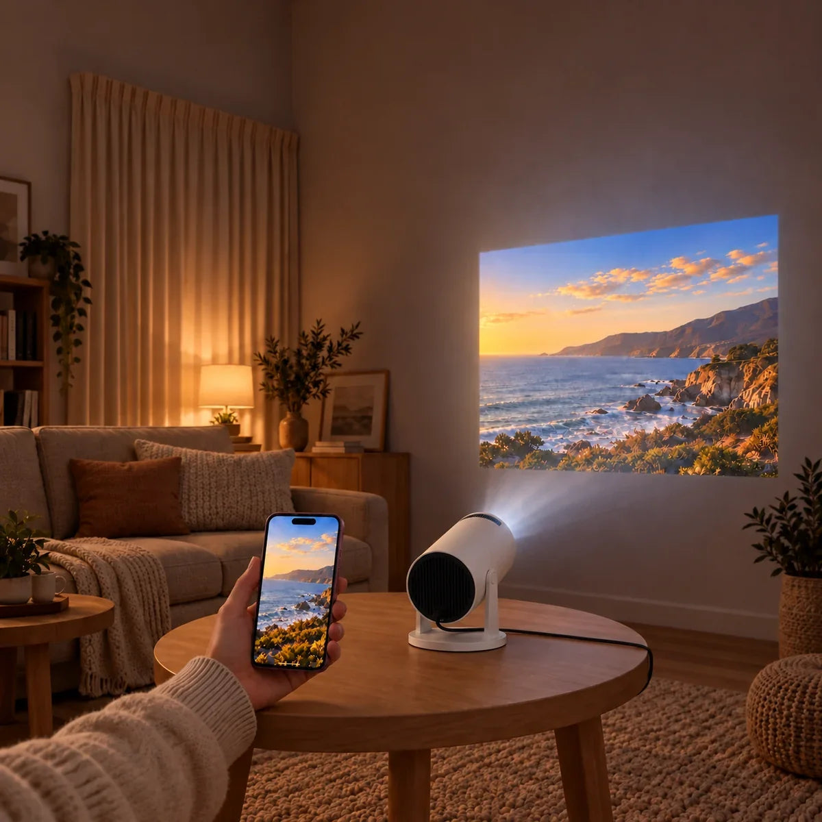 A phone and white projector showing the same coastal landscape in a cream living room.