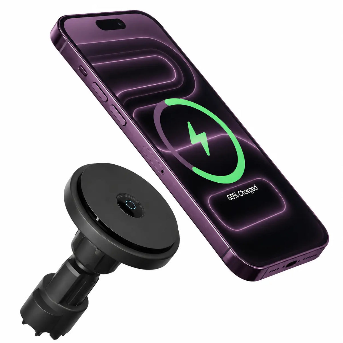 Midnight Black magnetic car charger with phone above round charging head #color_Midnight Black