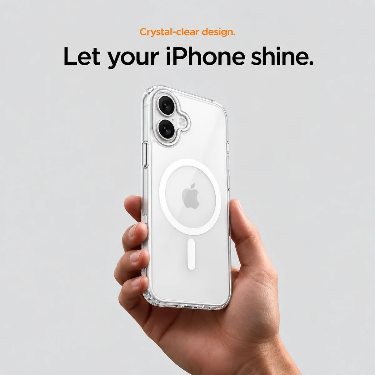 Clear magnetic phone case held at an angle, showing its transparent back and camera openings. #iPhone Model_iPhone 16