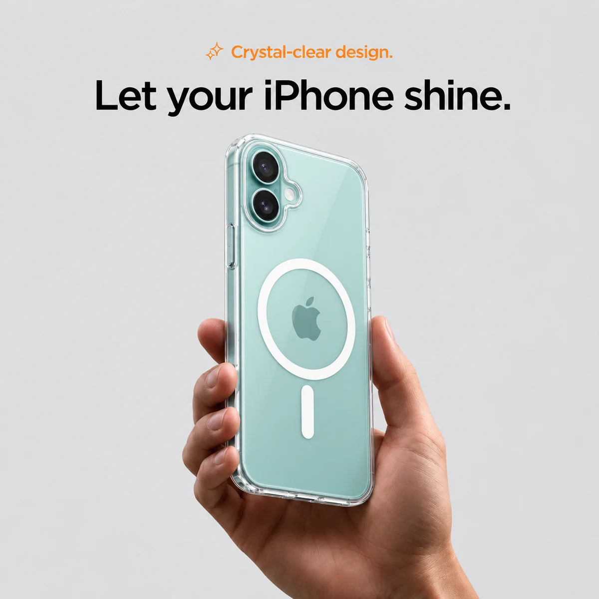 Clear magnetic phone case held at an angle, showing its transparent back and camera openings. #iPhone Model_iPhone 16 Plus
