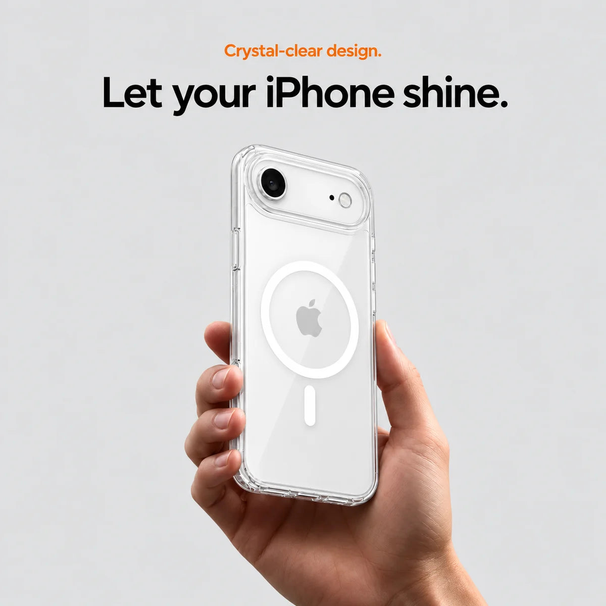 Clear magnetic phone case held at an angle, showing its transparent back and camera openings. #iPhone Model_iPhone 17 Air