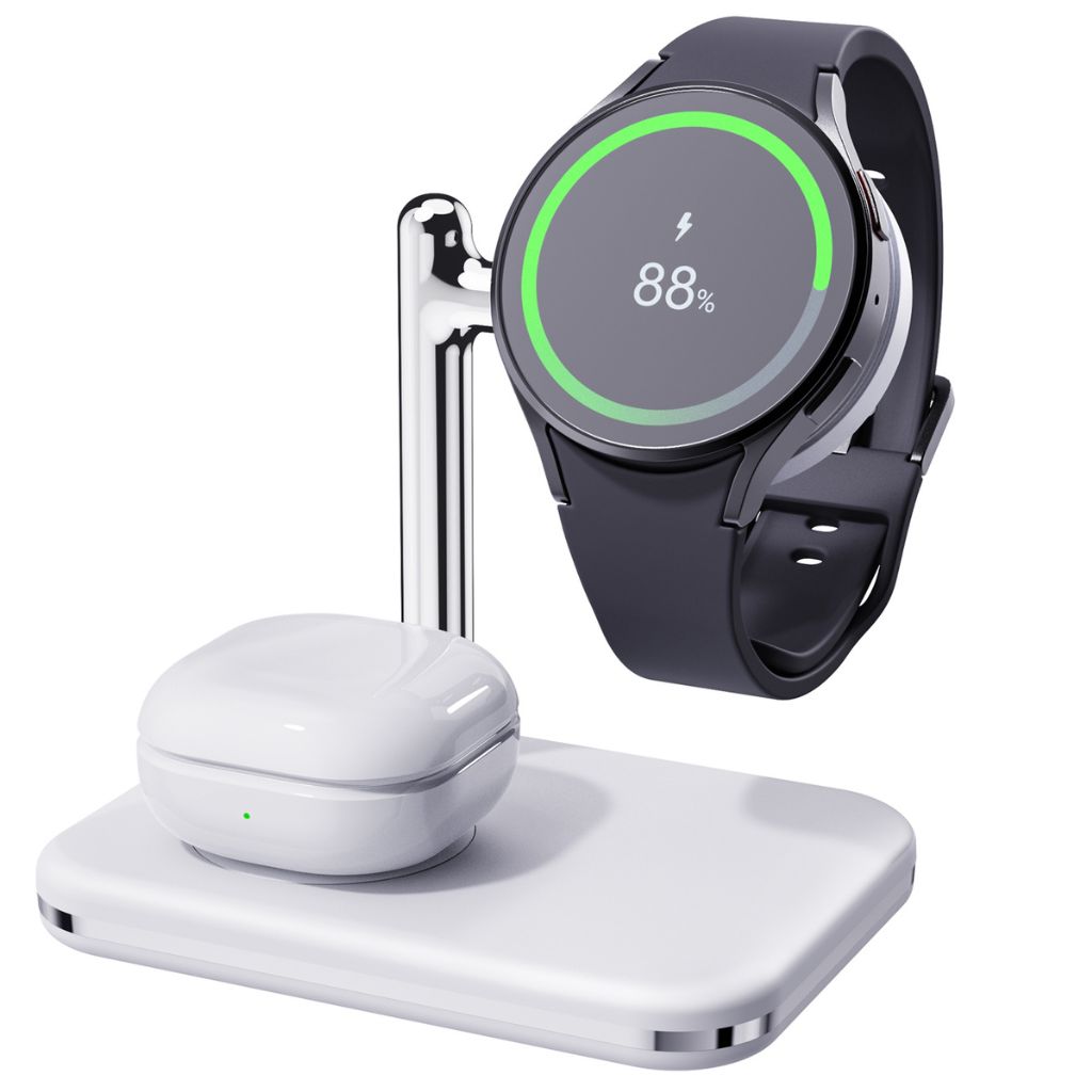 2-in-1 wireless charger for Samsung Galaxy Watch and Buds, fast charging station, compact and portable, foldable design, adjustable angles, compatible with Galaxy Watch 5, 5 Pro, 4, 4 Classic, 3, 3 Classic, Active 2, Active 1, and Galaxy Buds 2, 2 Pro, Pro, Live, Type-C input, overcharge protection, suitable for desk and travel use.