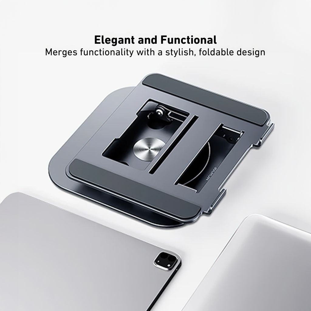 Laptop Stand with 360° swivel for laptops and tablets up to 17 inches. Features a foldable, ergonomic design, non-slip silicone pads for stability, and open structure for heat dissipation. Ideal for enhancing productivity and comfortable viewing angles.