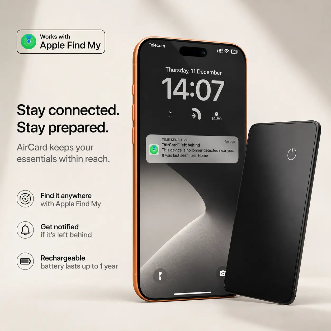 Rechargeable AirCard wallet tracker connected to Apple Find My