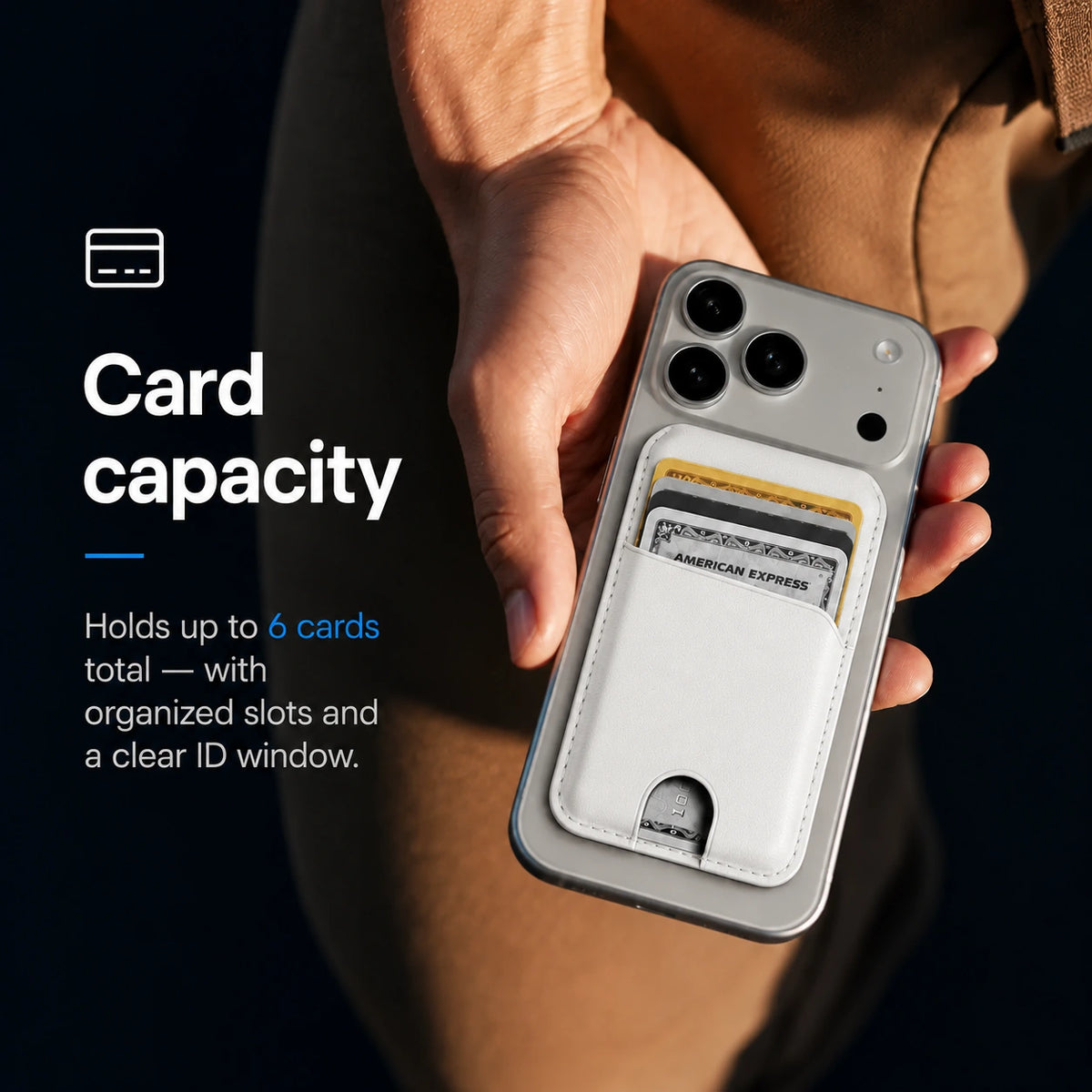 Arctic White magnetic wallet attached to a Burgundy iPhone held in a hand. #color_Arctic White