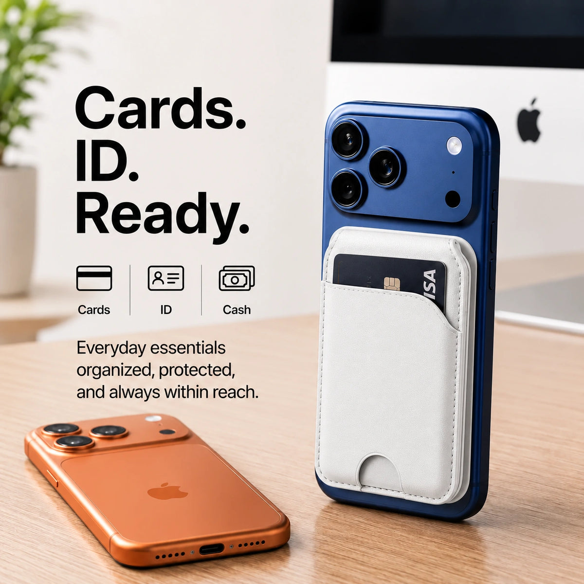 Arctic White magnetic wallet with a card attached to a Burgundy iPhone beside a second Burgundy iPhone. #color_Arctic White