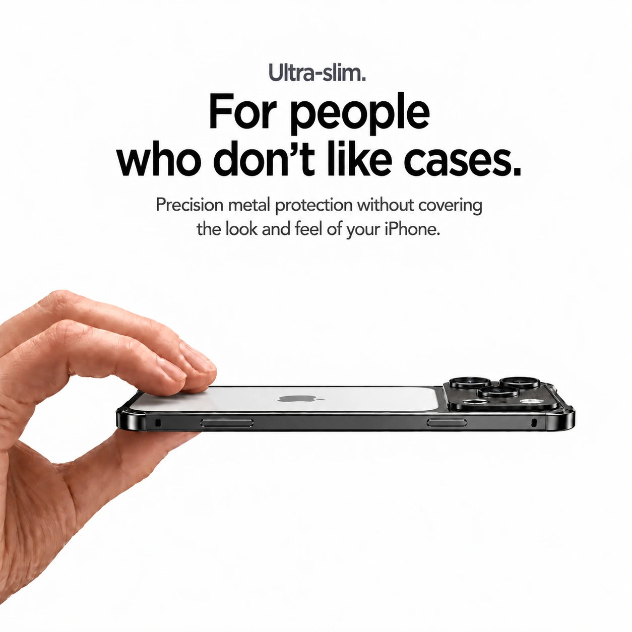 Black aluminum frame phone case held sideways showing its slim profile #color_Midnight Black