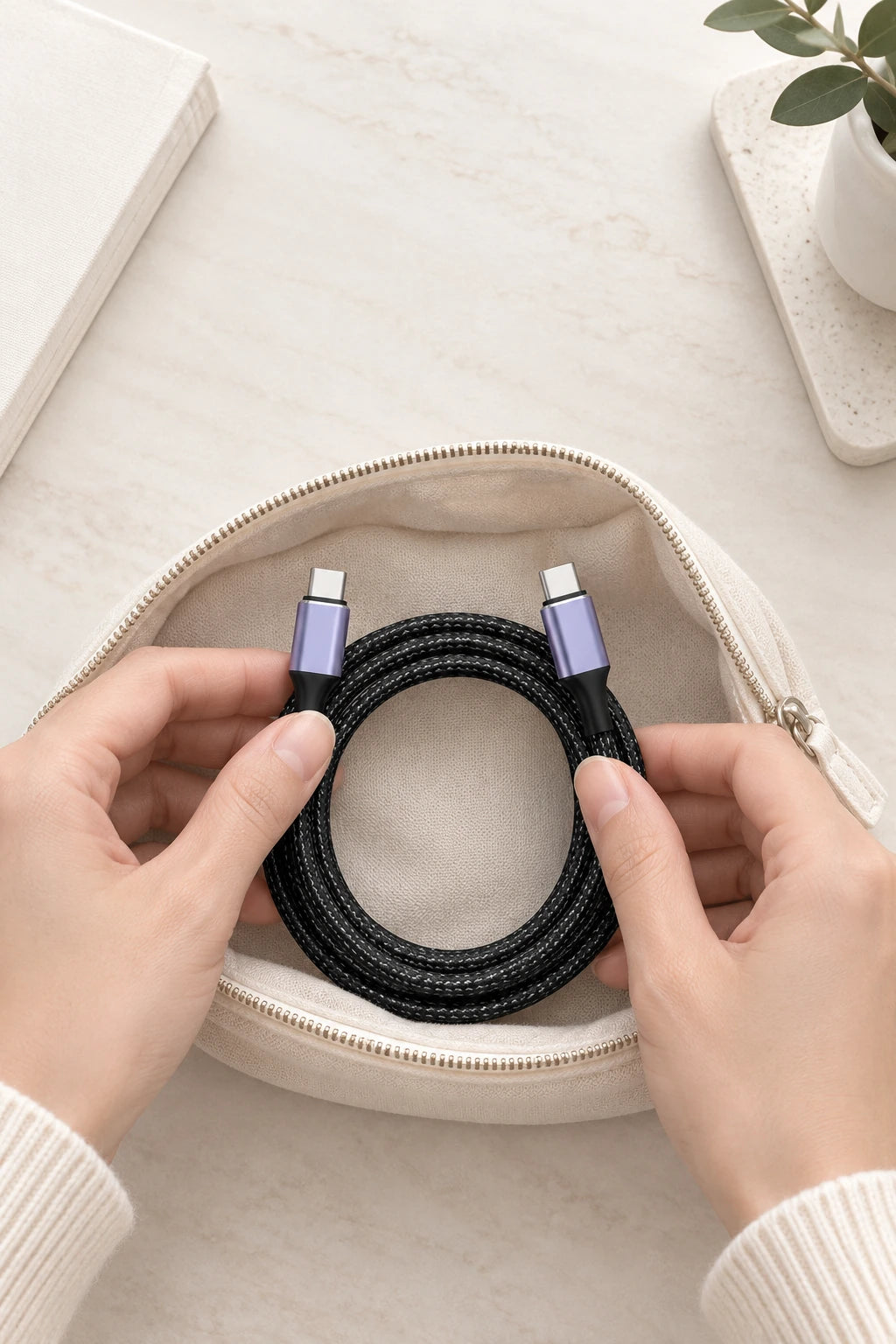 Black braided USB-C cable arranged in a loose coil inside a travel pouch.