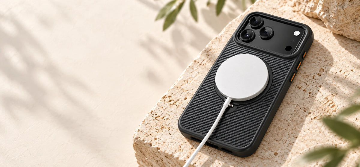 Magnetic charging puck attached to a black carbon-pattern phone case.