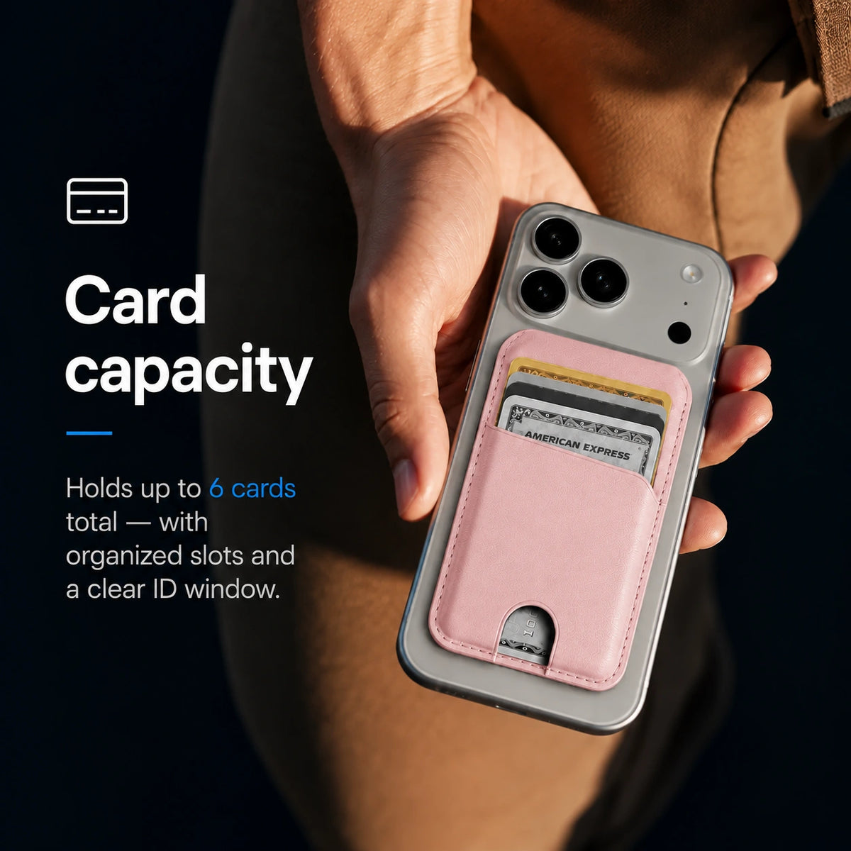 Blush Pink magnetic wallet attached to a Burgundy iPhone held in a hand. #color_Blush Pink