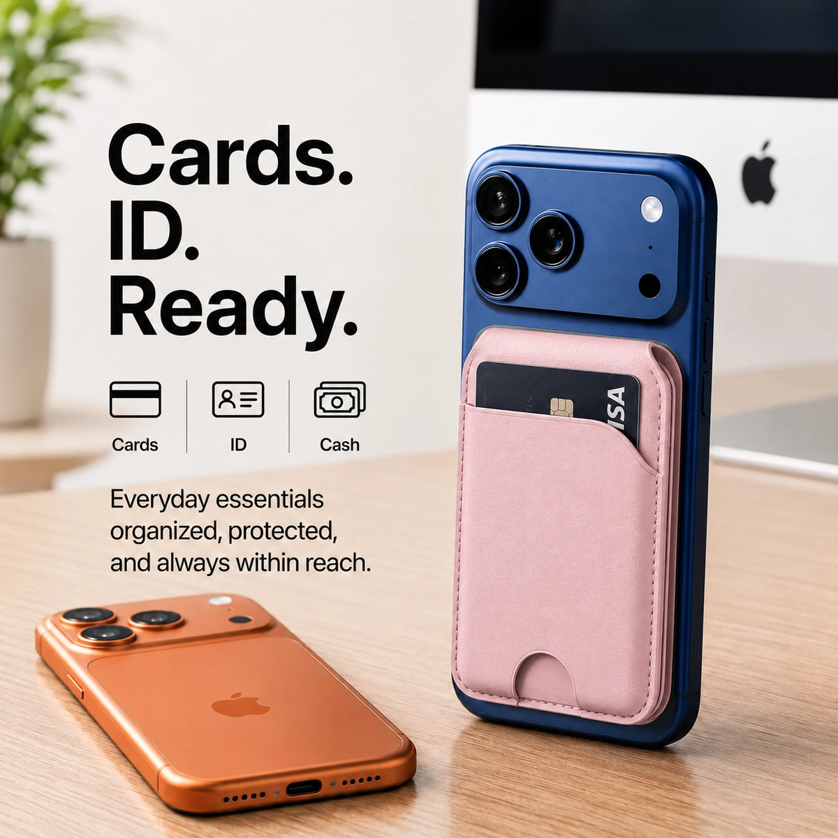 Blush Pink magnetic wallet with a card attached to a Burgundy iPhone beside a second Burgundy iPhone. #color_Blush Pink
