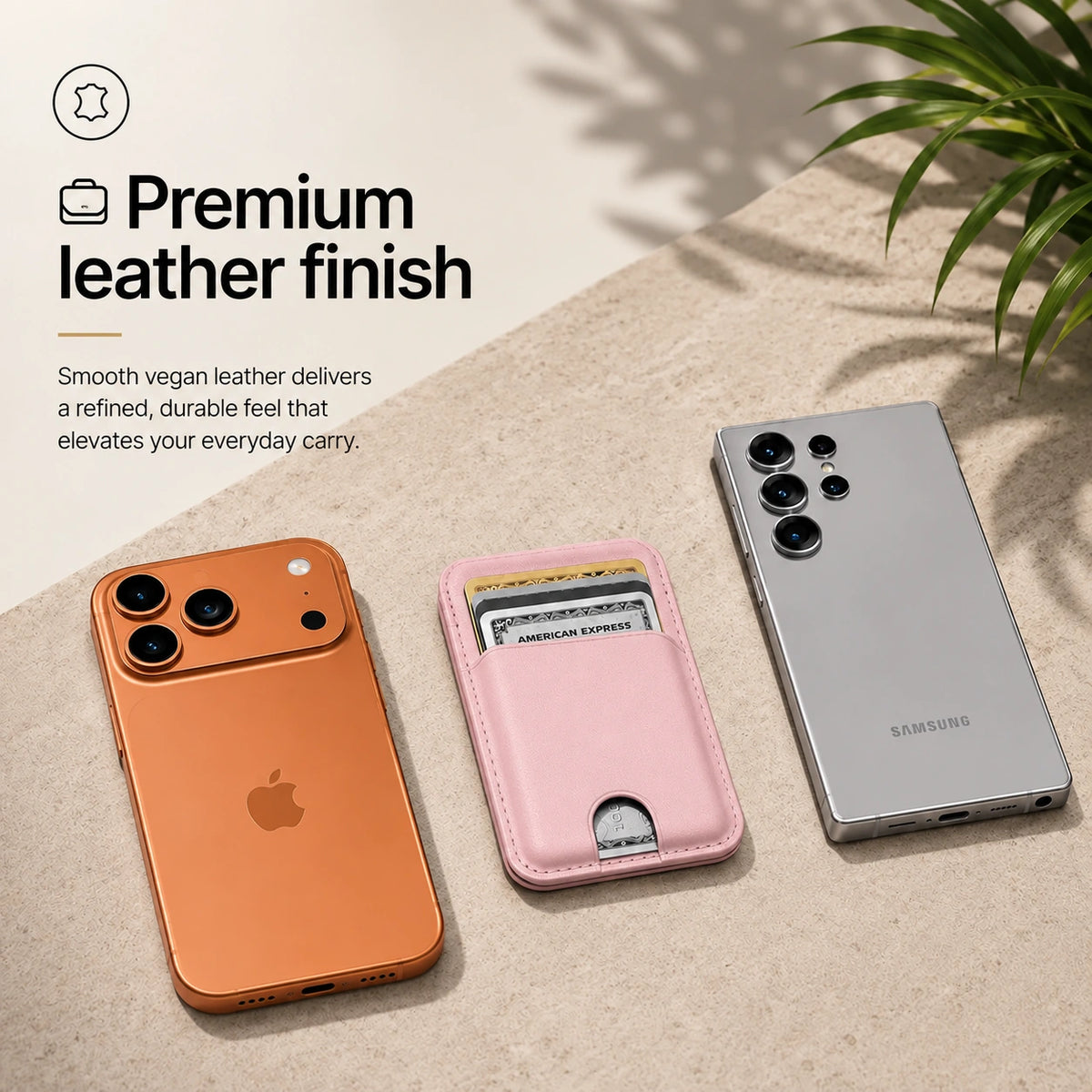 Blush Pink magnetic wallet and cards between a Burgundy iPhone and a silver Samsung phone. #color_Blush Pink