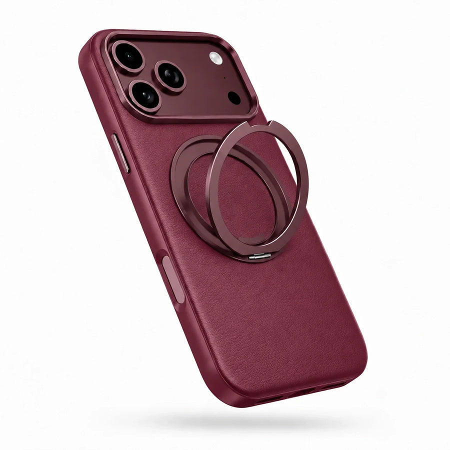 Burgundy leather-finish phone case with the ring stand open