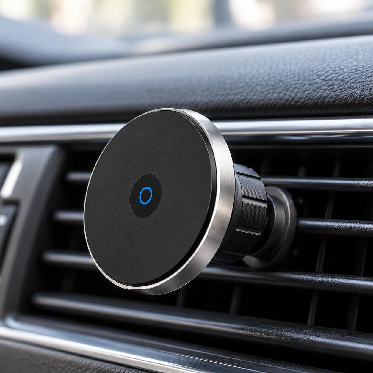 Close side view of a phone against a silver-rimmed magnetic charging head.