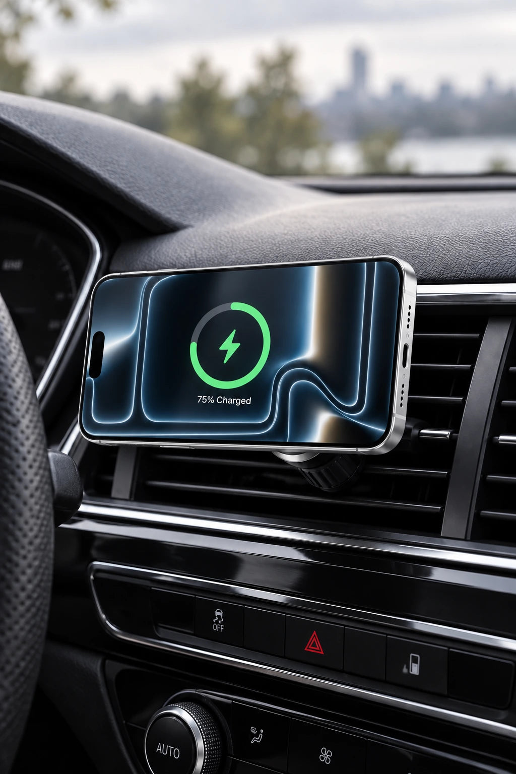 Phone held in landscape orientation on a magnetic vent charger.