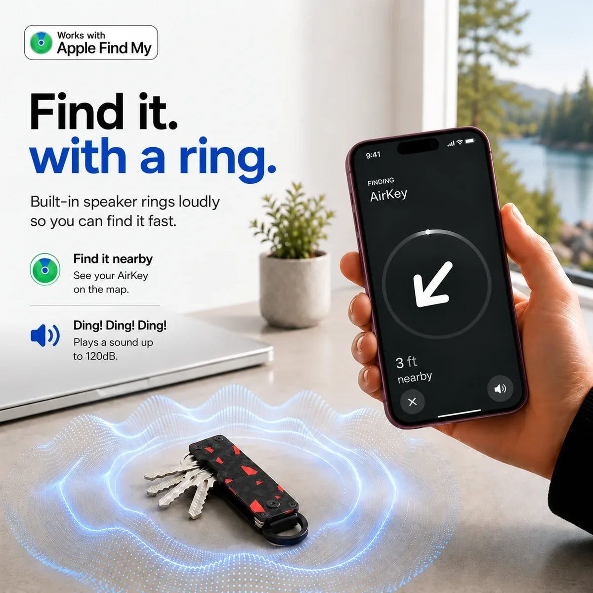 Carbon Red tracking key organizer with a sound illustration and Burgundy iPhone showing the nearby finding screen. #color_Carbon Red