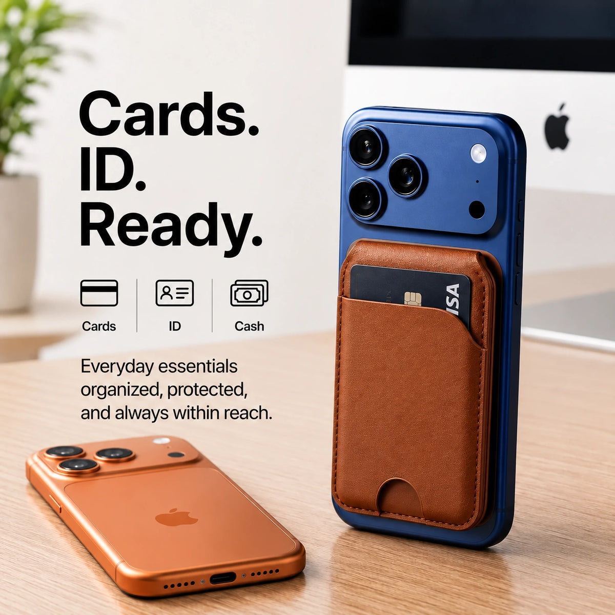 Chestnut Brown magnetic wallet with a card attached to a Burgundy iPhone beside a second Burgundy iPhone. #color_Chestnut Brown
