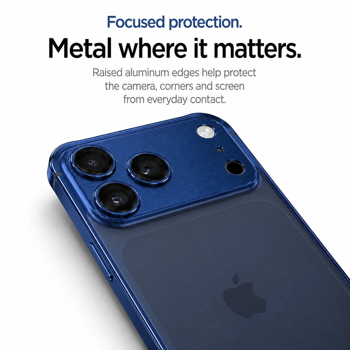 Deep blue aluminum frame phone case showing its raised camera and corner protection #color_Deep Blue