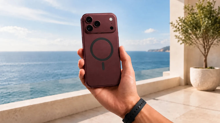 Burgundy magnetic iPhone case held on a sunlit coastal terrace.