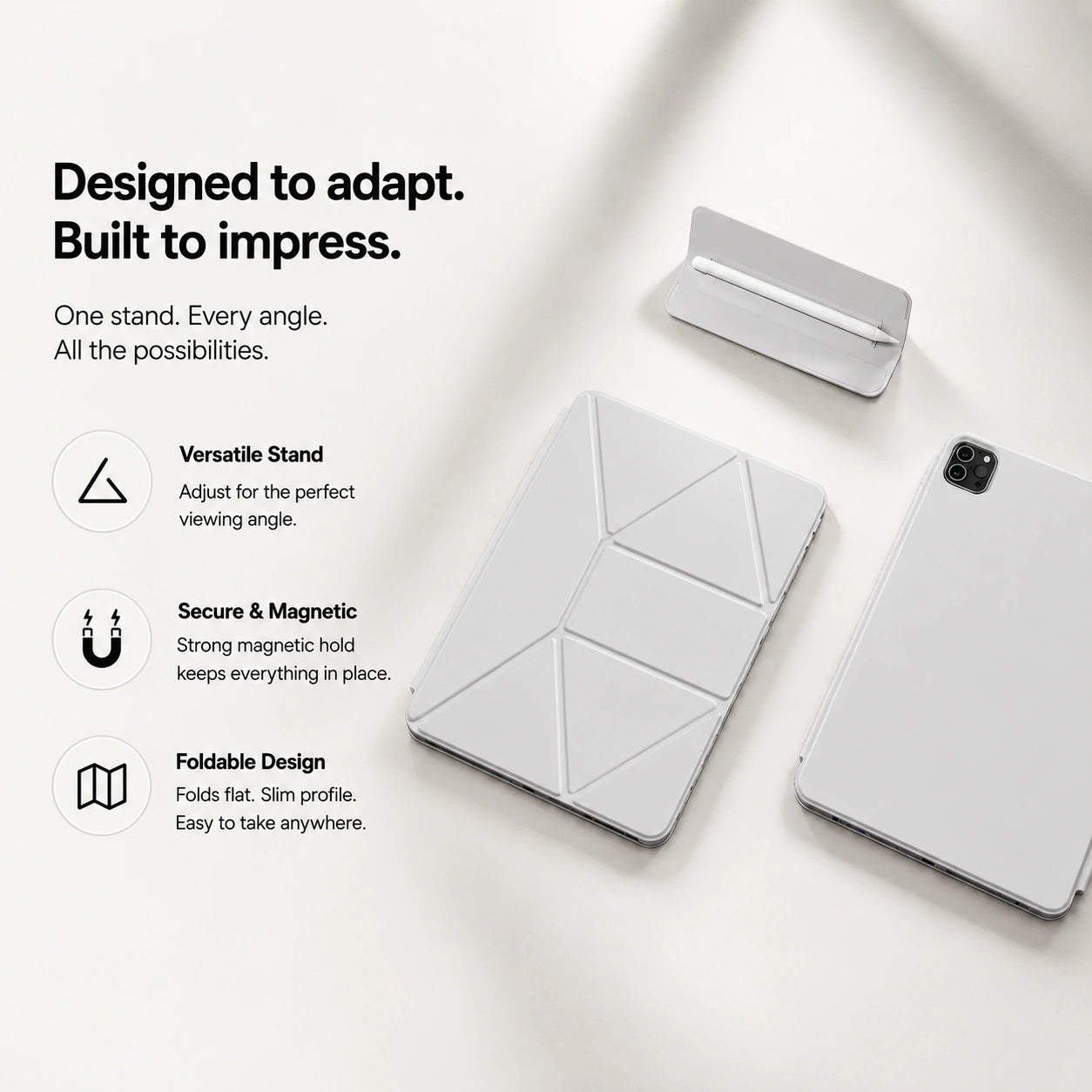 Frost Gray folding magnetic tablet stand folded flat with its components #color_Frost Gray